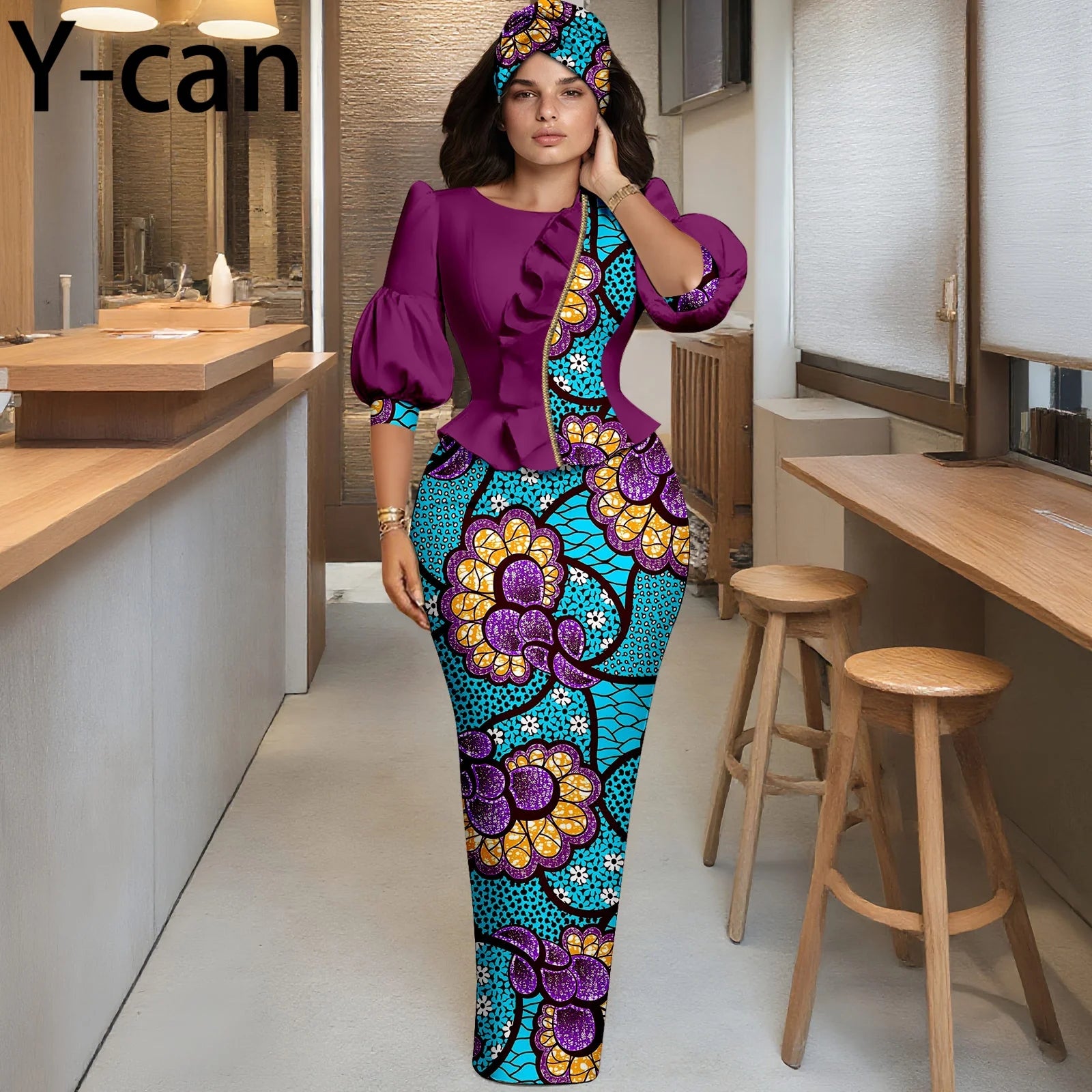 African Women Skirt Set Fashion Lantern Sleeve Ruffled Top and Slim Skirt Vestidos with Headwrap Dashiki Wedding Dress 2526066