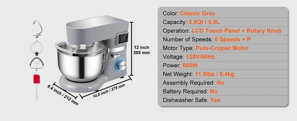 SucceBuy Stand Mixer Electric Dough Mixer with 6 Speeds LCD Screen Timing 5.8 Qt Stainless Steel Bowl Dough Hook Flat Beater