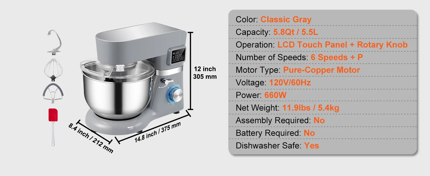 SucceBuy Stand Mixer Electric Dough Mixer with 6 Speeds LCD Screen Timing 5.8 Qt Stainless Steel Bowl Dough Hook Flat Beater