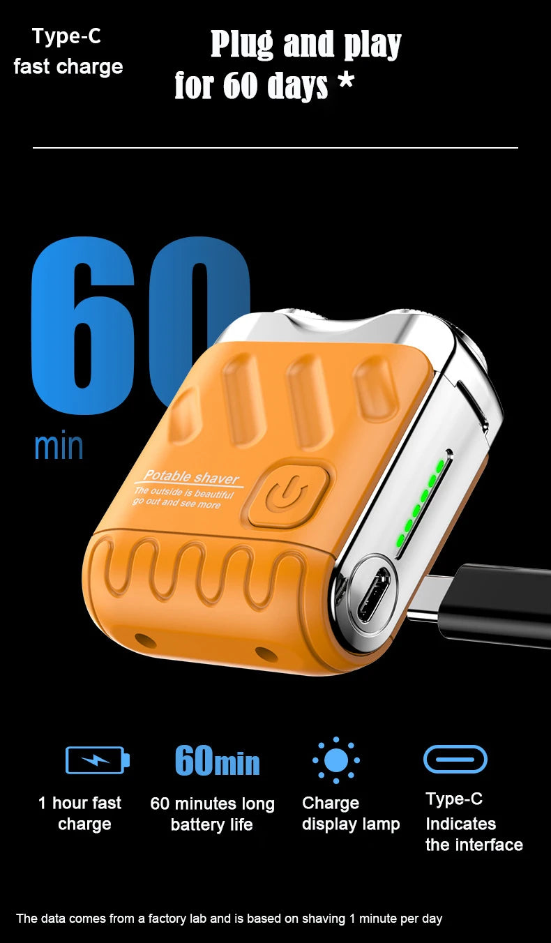 Mini Shaver On-The-Go, Portable Electric Shaver for Men, Dry Shave, USB-C，IPX7 Waterproof Easy Cleaning, Battery Indicator