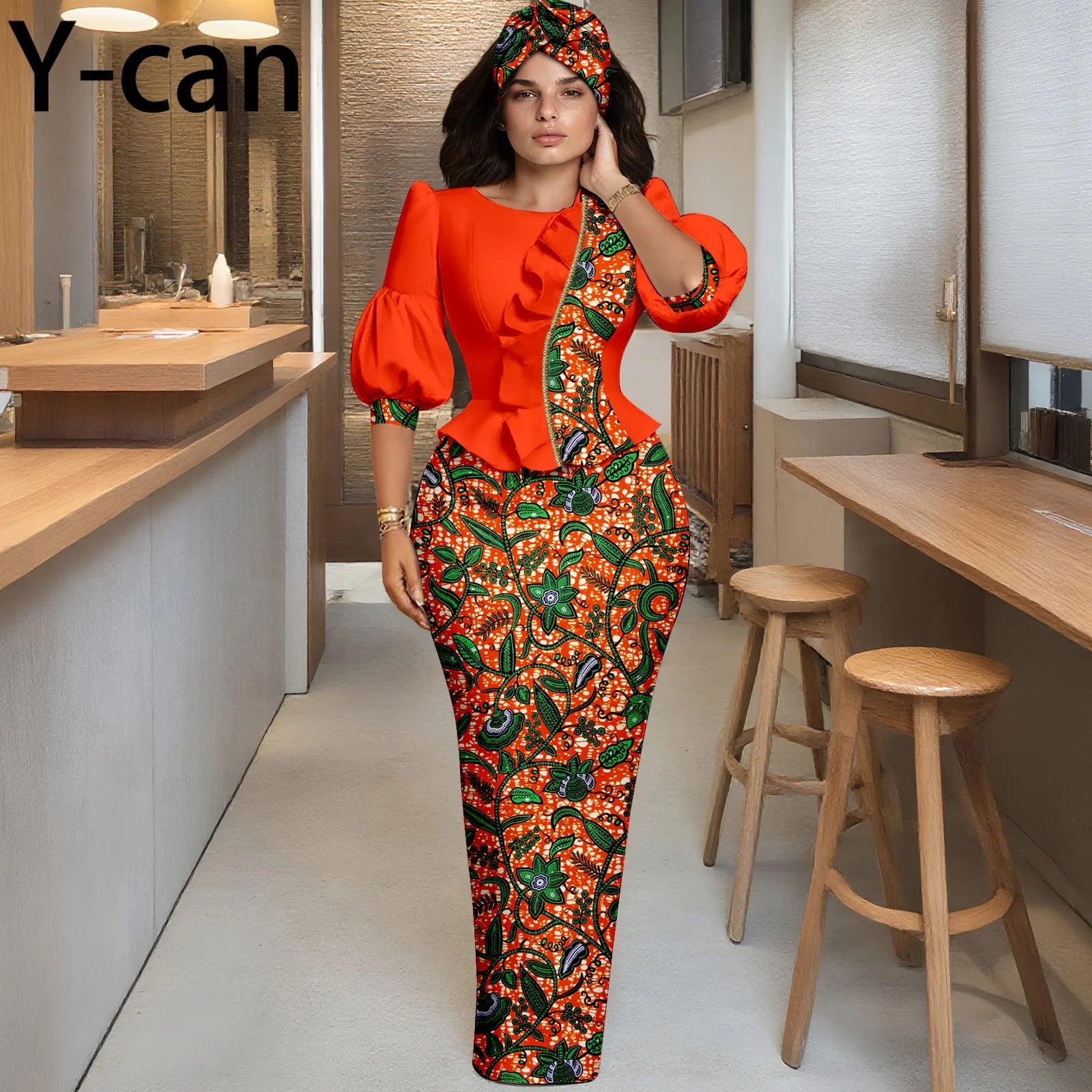 African Women Skirt Set Fashion Lantern Sleeve Ruffled Top and Slim Skirt Vestidos with Headwrap Dashiki Wedding Dress 2526066