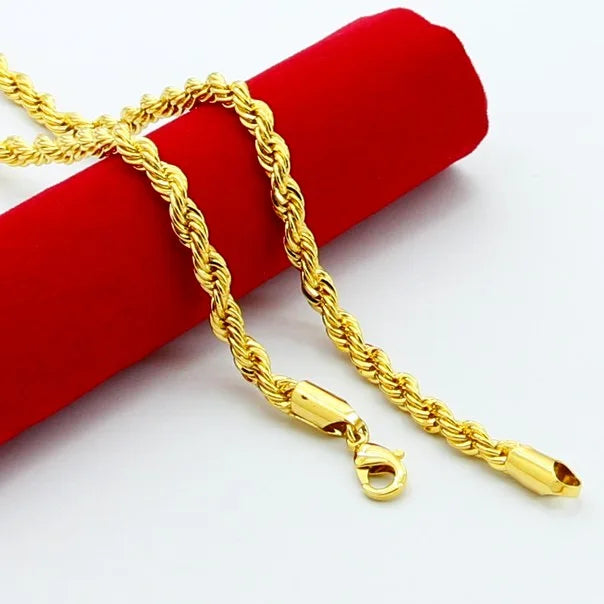 24K Gold Twisted Rope Necklace | AU999 Pure Gold, 3mm fine twist, double - strand design, minimalist & versatile elegance
