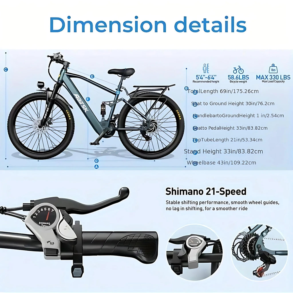 26'' Electric Bike for Adults,750W Peak Motor Mountain Ebike,25MPH Up to 40Miles,7-Speed,Shock Absorbers,Commuter E-Bike