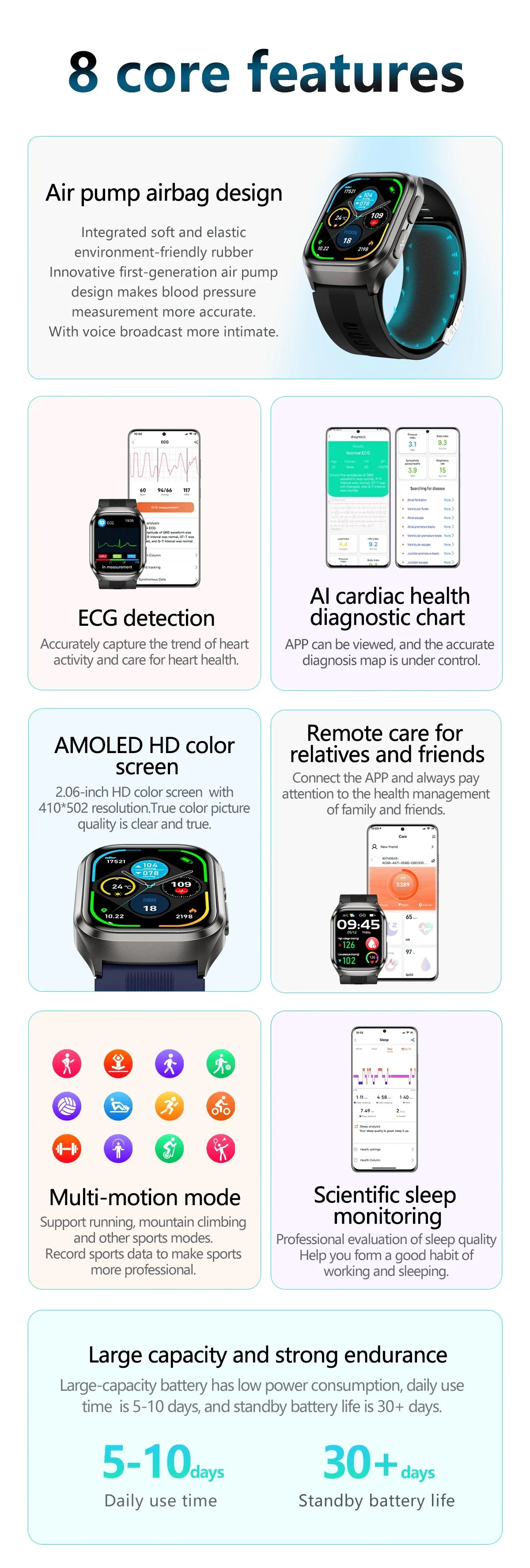 New ECG+PPG Nursing Grade Air Bag Smart Watch Men's Blood Fat Blood Pressure Voice Broadcast Health Smart Bracelet For Woman NFC