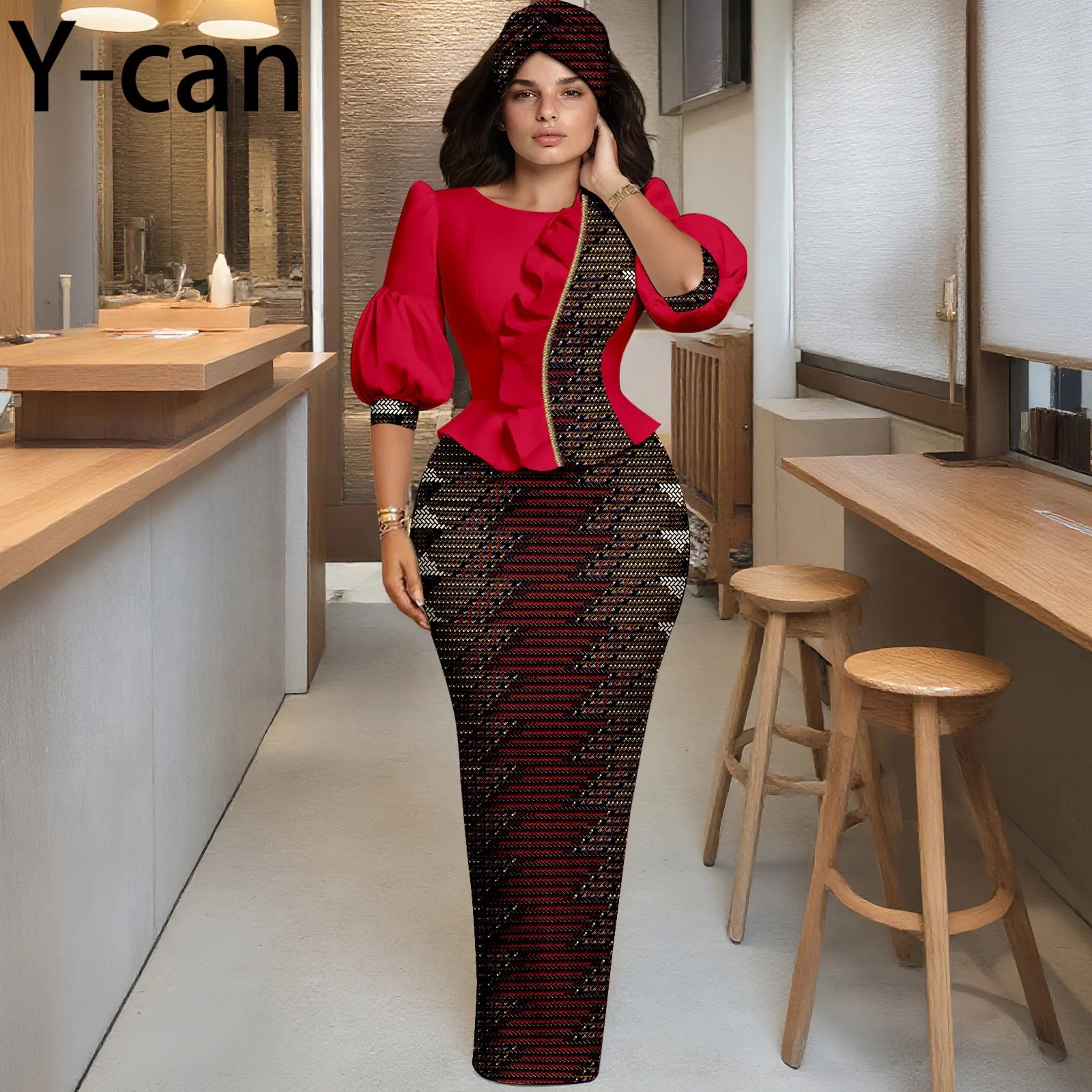 African Women Skirt Set Fashion Lantern Sleeve Ruffled Top and Slim Skirt Vestidos with Headwrap Dashiki Wedding Dress 2526066