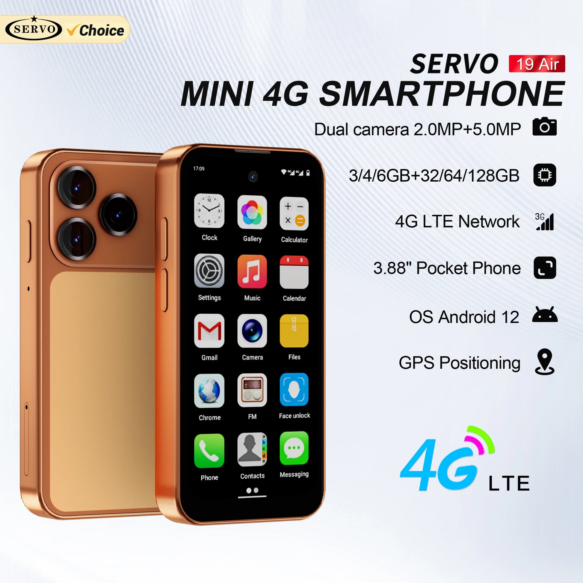 SERVO 19 Air 4G LTE Mini Smartphone Android 12.0 System 6GB+128GB Play Store Face Unlock GPS Dual SIM 3.88" Small Smart Phones