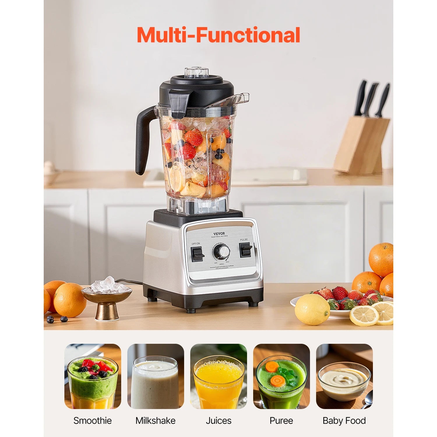 VEVOR Blender for Smoothies 1400W Professional Blender with Powerful Motor Multi-Functional Food Processing Blender for Kitchen