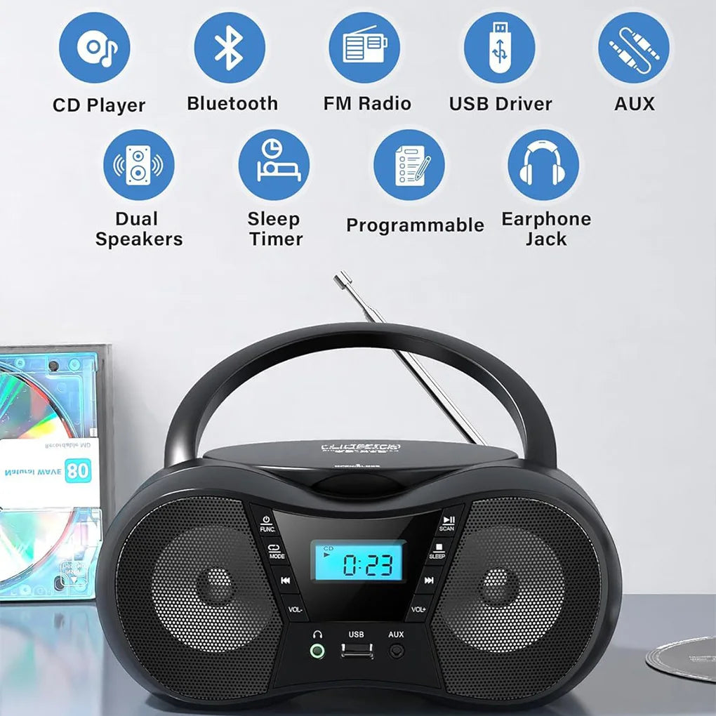 Portable CD Player Bluetooth Boombox CD Player AM/FM Radio Stereo Player, Compatible For CD/CD-R/RW Radio For Home