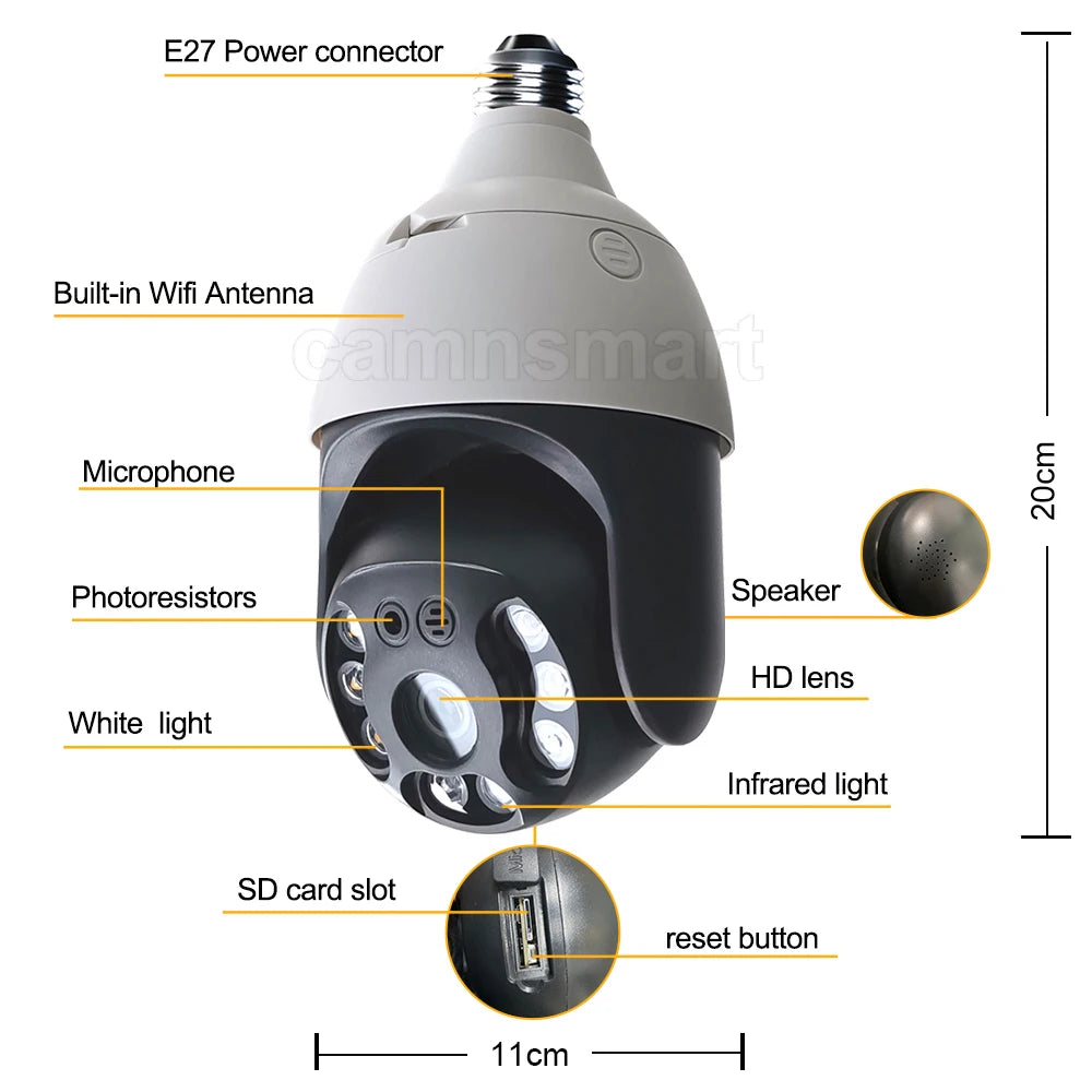 Ultra 6MP Outdoor Wireless WIFI Camera E27 Bulb Type for Smart Home Tuya APP IP66 Waterproof Auto Track Motion Detection