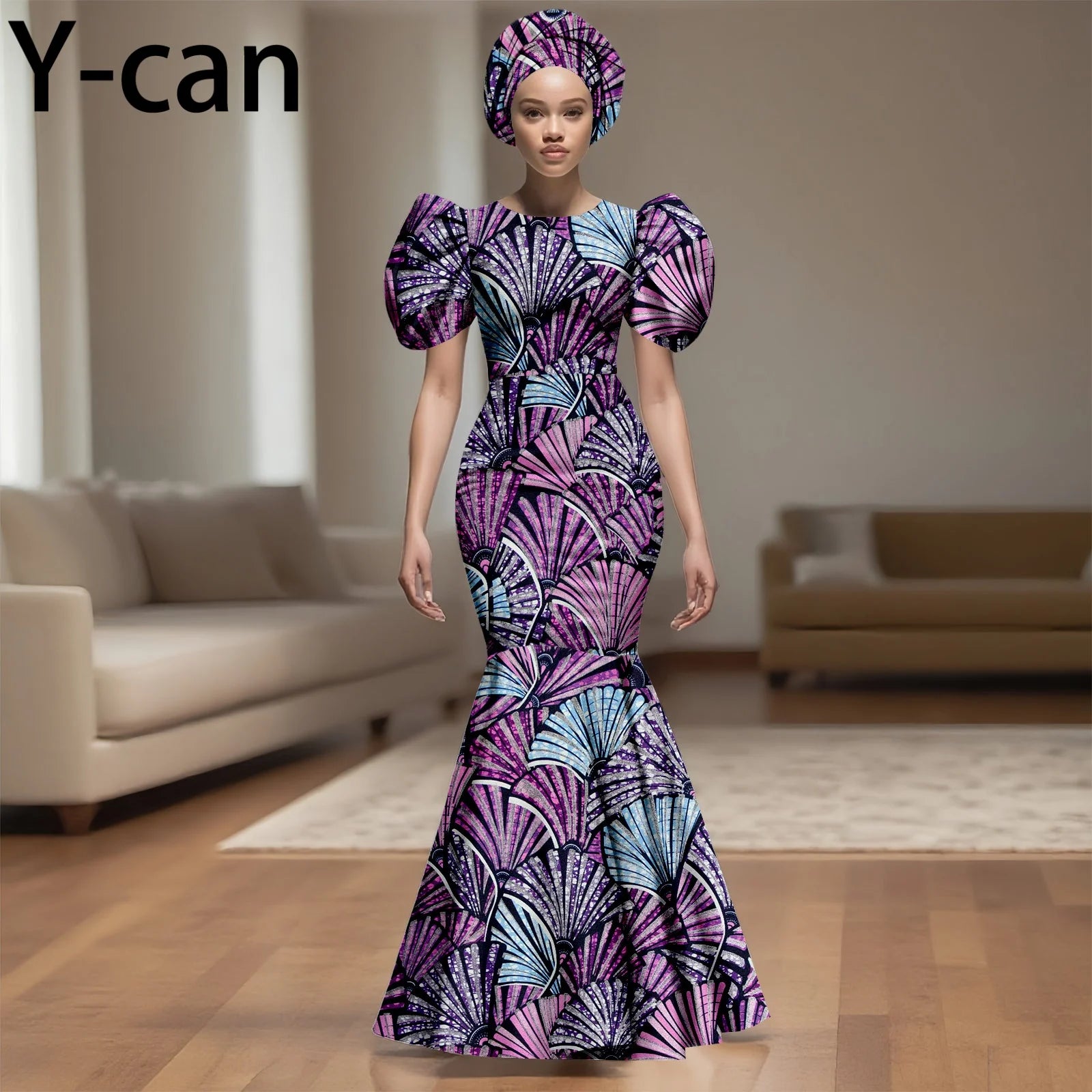African Party Dress for Women Puff Sleeve O-neck Slim Fit Mermaid Dresses with Headwrap for Birthday Evening Wedding 2525142