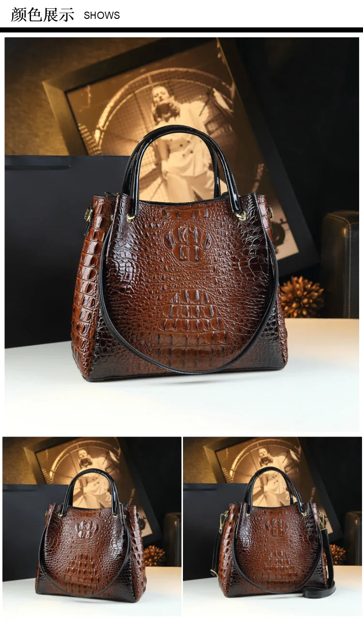 New Tote Bag for Women Crocodile Print Textured Bucket Bag Retro Shoulder Bag Fashion Handbag