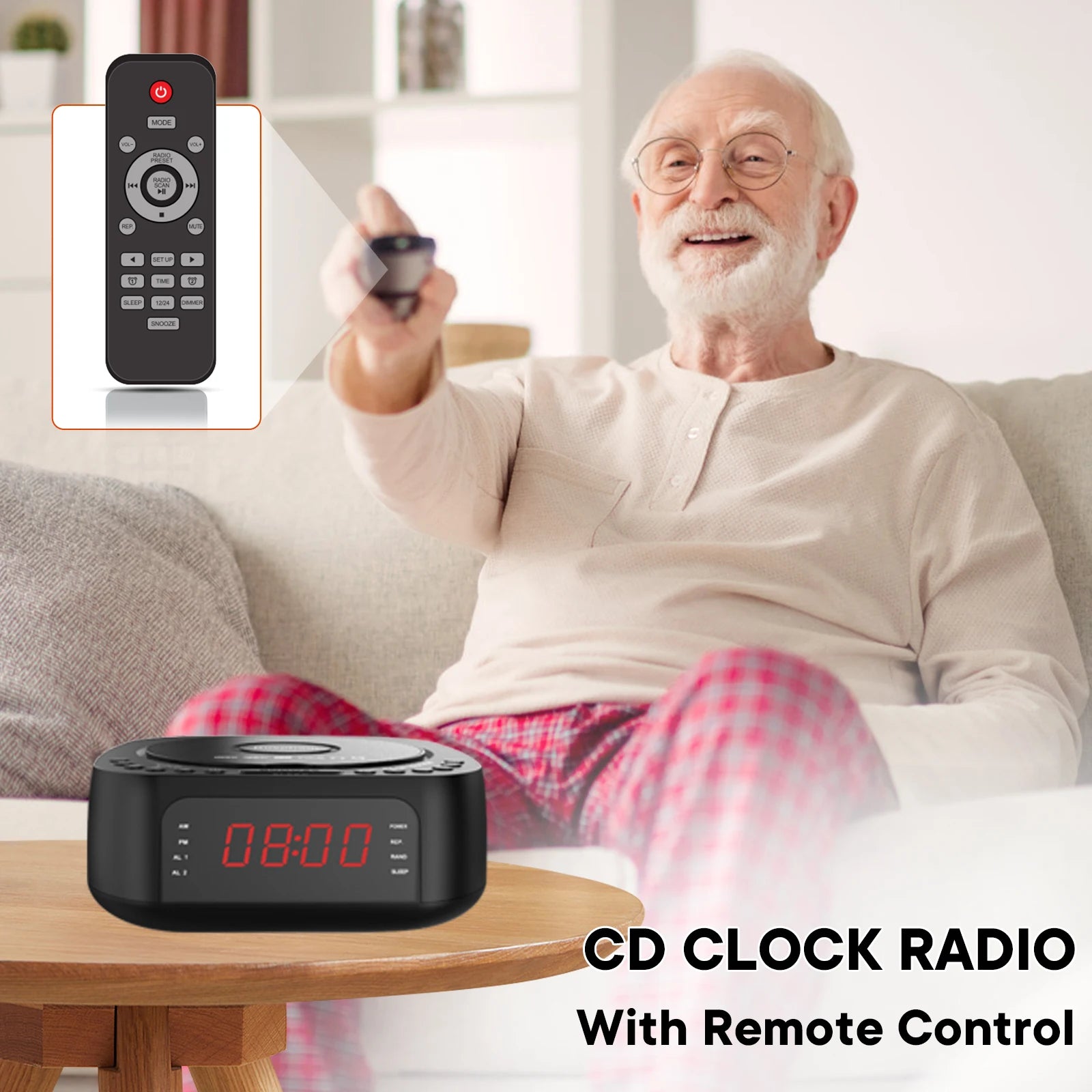 CD Player Alarm Clock with Remote,CD/MP3 Bluetooth FM radio with Speakers,USB charger,Dimmable LED display,dual alarms bedroom