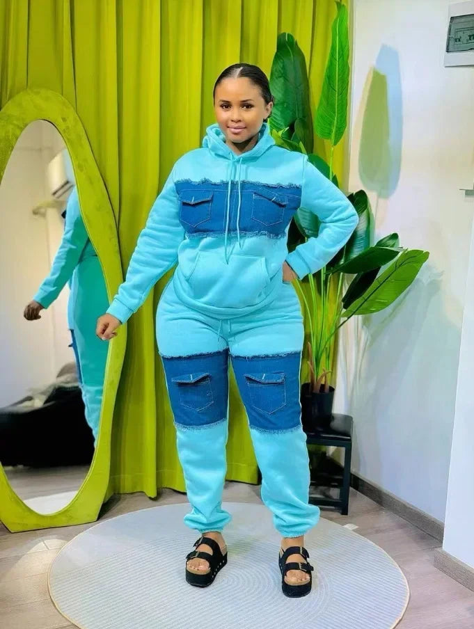 2 Piece Women Set Dashiki African Clothes Spring Autumn New Fashion Long Sleeve Denim Top And Pants Suit Party Matching Sets