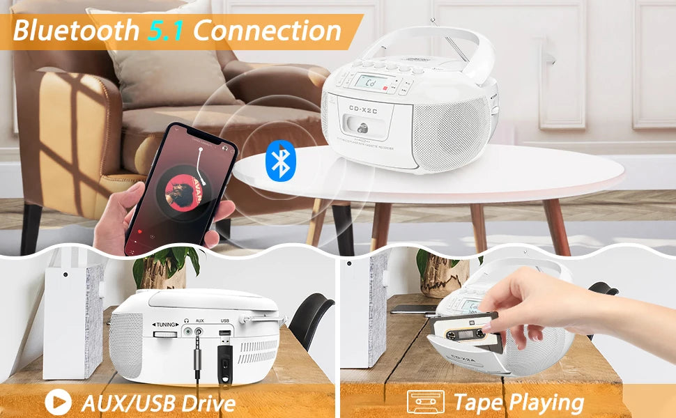 CD cassette boombox combo with bluetooth and AM FM radios,portable cd tape recorder with USB,DC AC powered