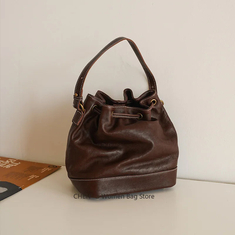Leather Bucket Bags and Drawstring Crossbody Purse for Women Medium Tote