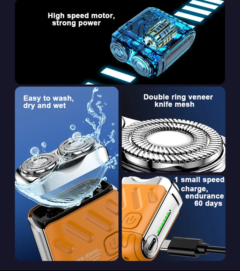 Mini Shaver On-The-Go, Portable Electric Shaver for Men, Dry Shave, USB-C，IPX7 Waterproof Easy Cleaning, Battery Indicator