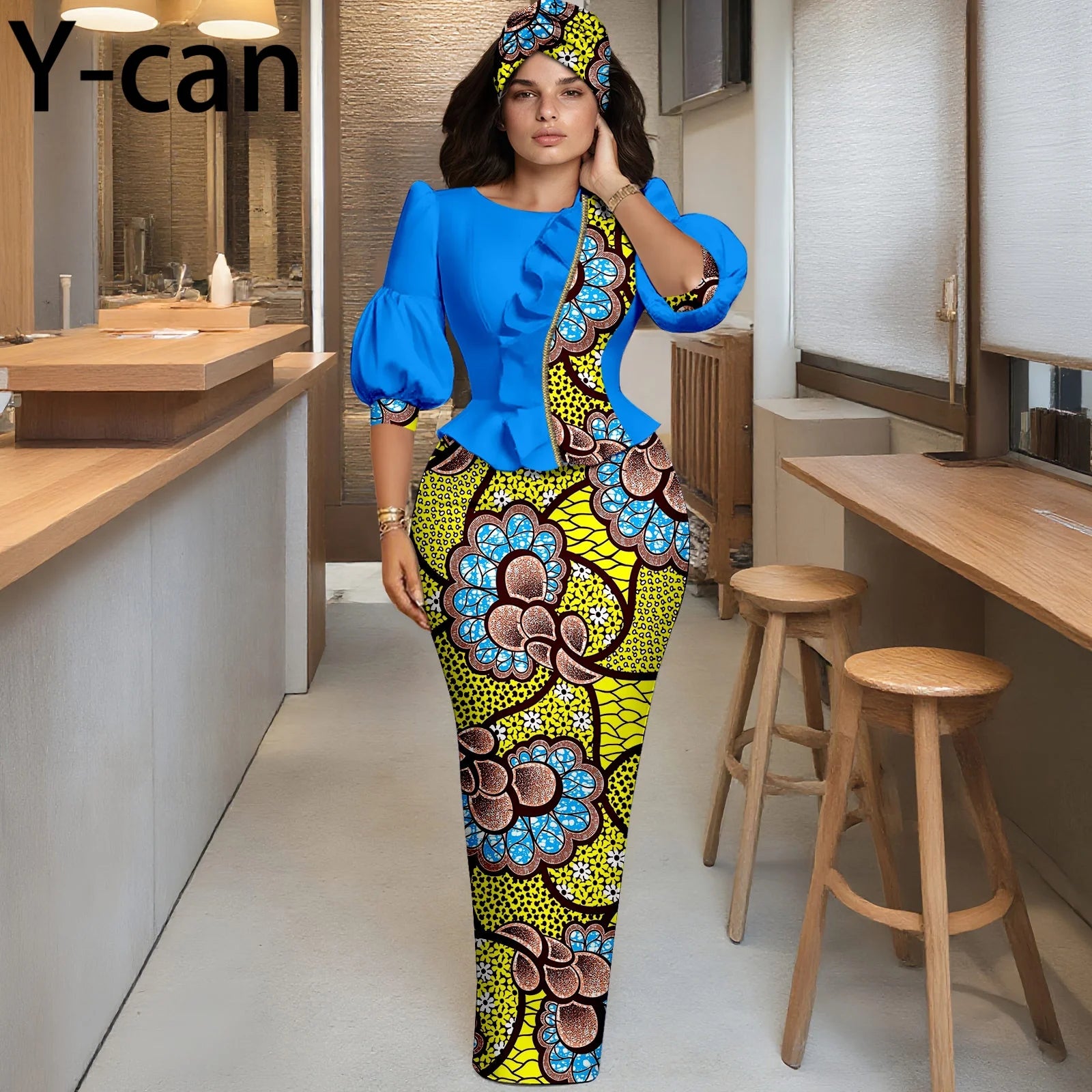African Women Skirt Set Fashion Lantern Sleeve Ruffled Top and Slim Skirt Vestidos with Headwrap Dashiki Wedding Dress 2526066