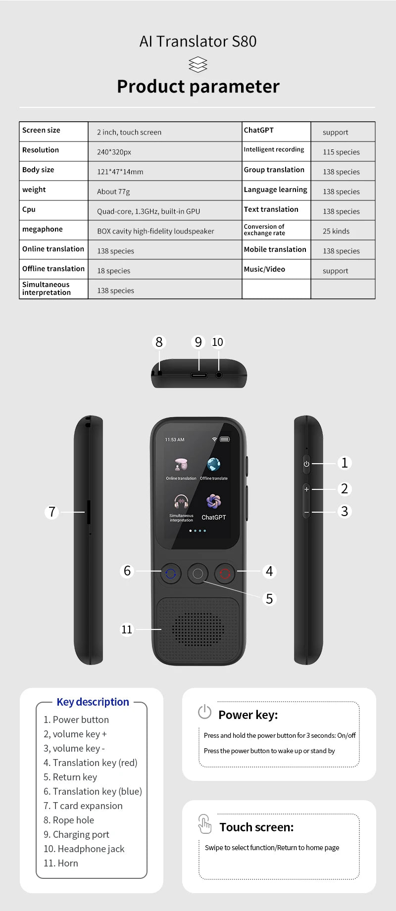 Language Translator Device Portable Translator 148 Languages Real-time Recording Translation WIFI Ai ChatGPT Translate Machine