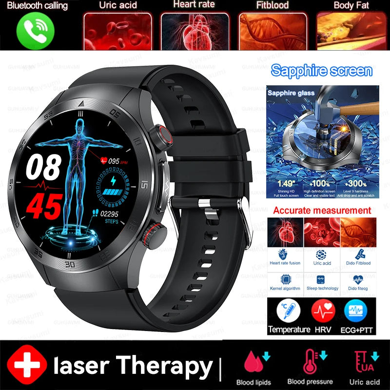 2026New Precise Laser Therapy Bracelet Health ECG+PPG Smart Watch Blood Pressure Blood Lipid Uric Acid BT HD Call SmartWatch Men