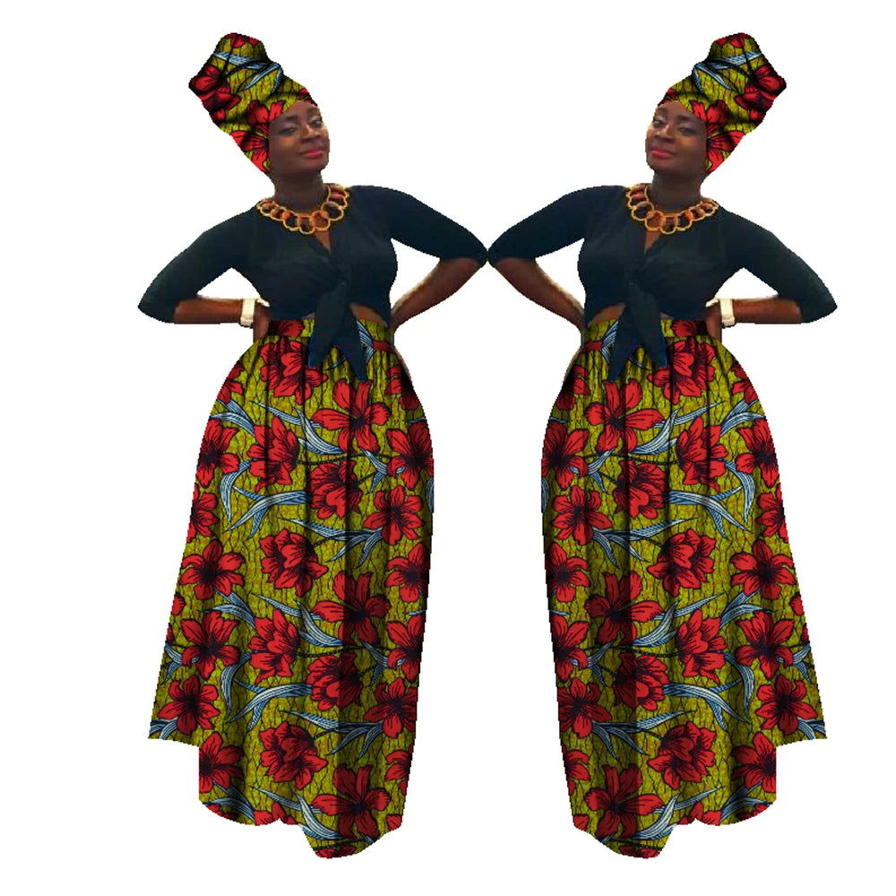Dashiki African High Waist Ball Grown Skirt Bazin Riche African Skirt and African Headscarf 2 Pieces Lady Maxi Long Skirt WY1270