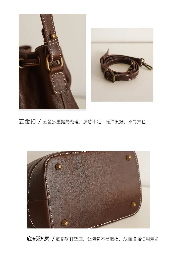 Leather Bucket Bags and Drawstring Crossbody Purse for Women Medium Tote