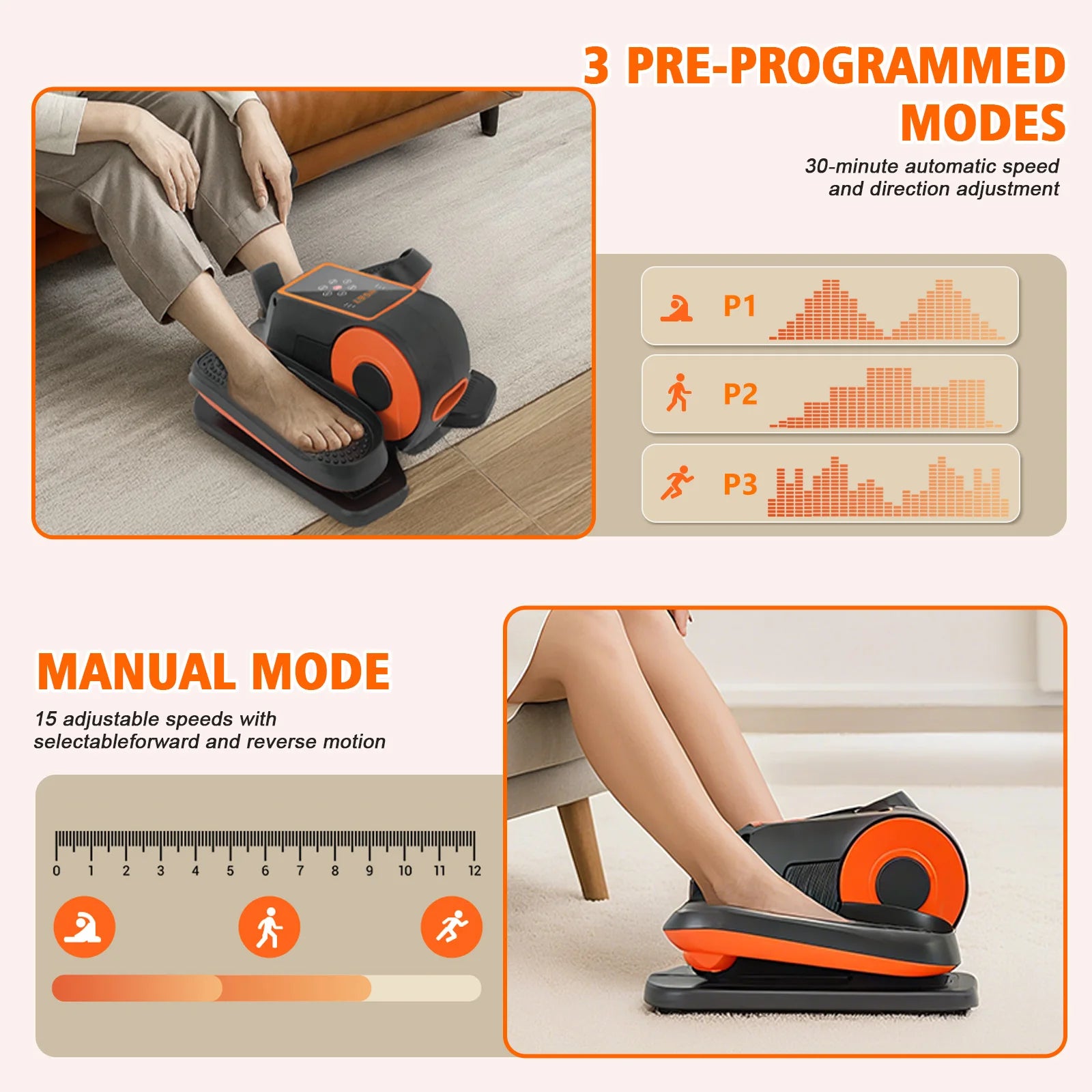 Under-Desk Electric Elliptical Pedal Exerciser 15-Levels 3 Auto Modes Fully Assembled Quiet Portable Full-Body for Office Home
