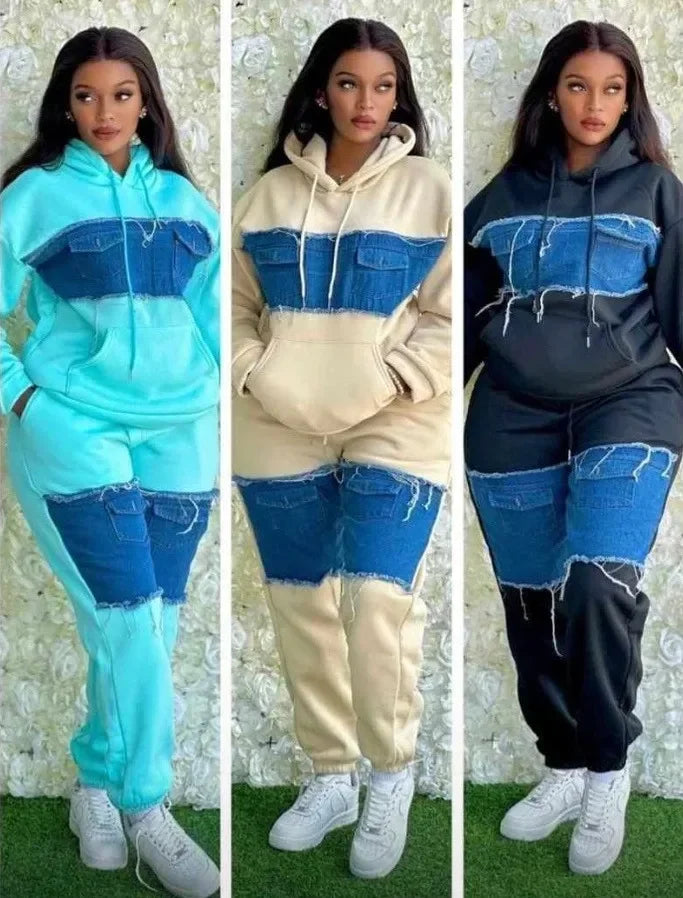 2 Piece Women Set Dashiki African Clothes Spring Autumn New Fashion Long Sleeve Denim Top And Pants Suit Party Matching Sets