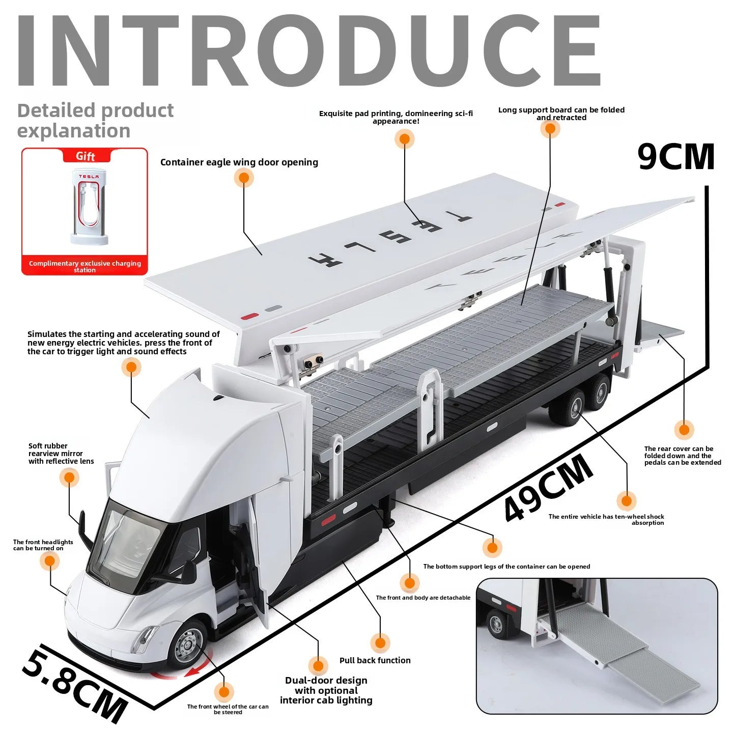 1:32 SEMI Extended Container Double Decker Transport Car Eagle Style Open Doors Light Sound Pull Back High Texture Ornament Toy