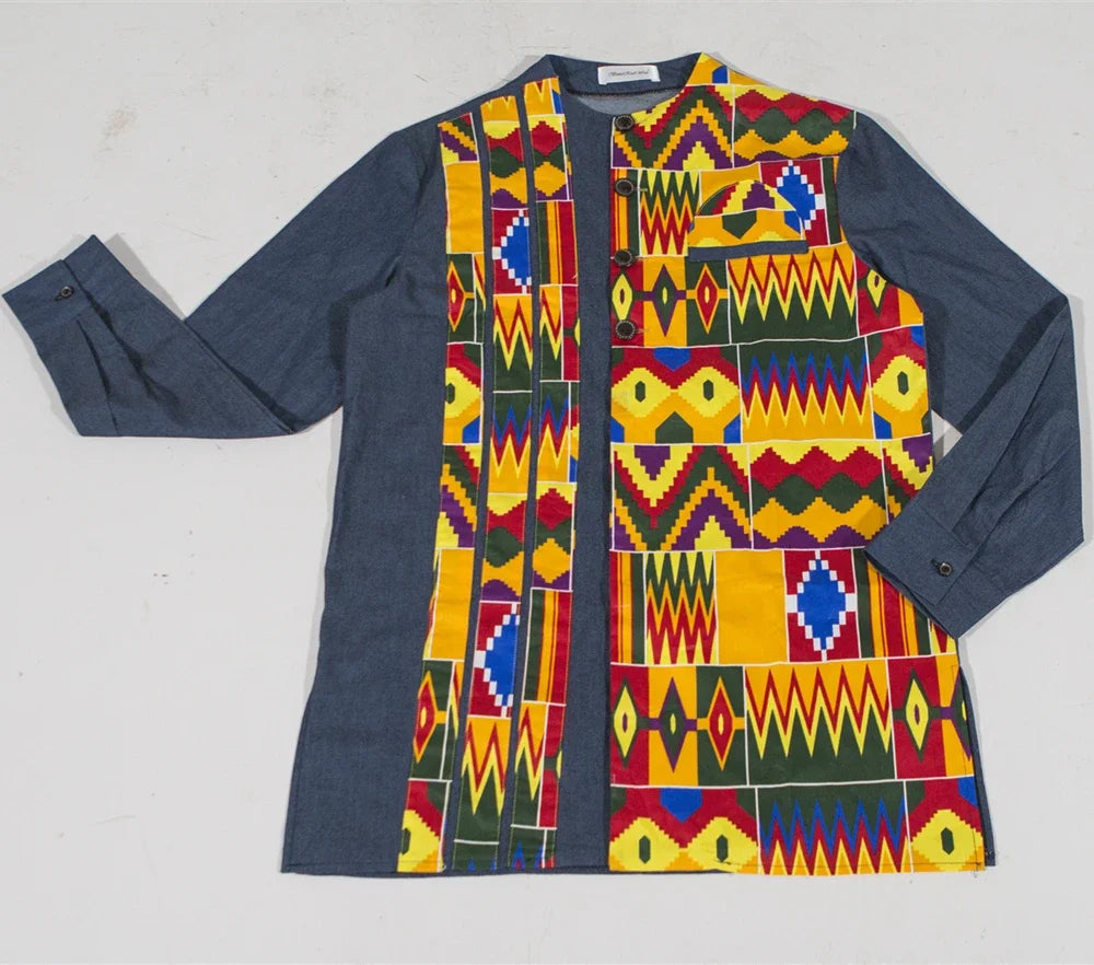 Casual 100% Cotton Mens African Clothing Dashiki Patchwork Print Shirt Tops Bazin Riche Traditional African Clothes WYN380