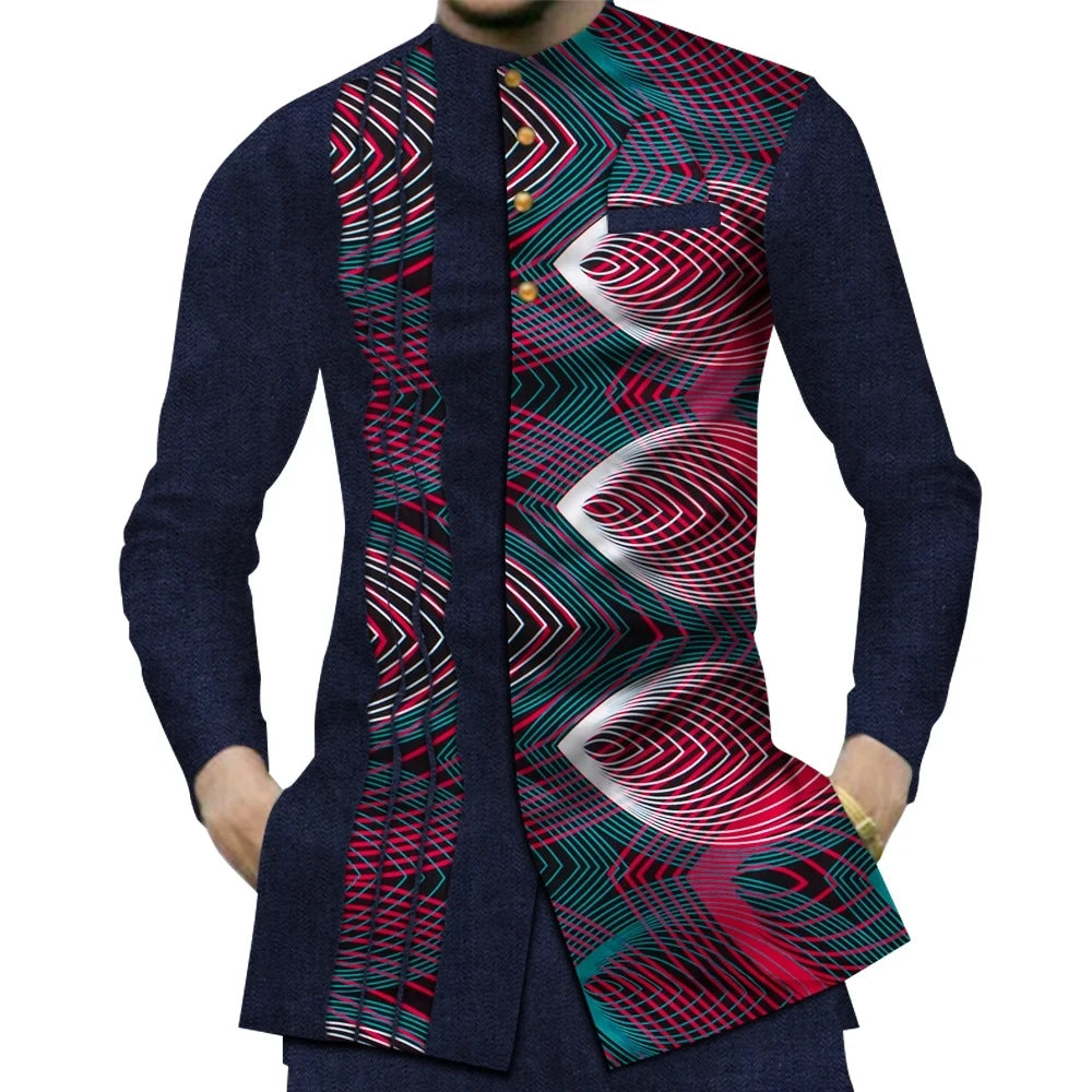 Casual 100% Cotton Mens African Clothing Dashiki Patchwork Print Shirt Tops Bazin Riche Traditional African Clothes WYN380