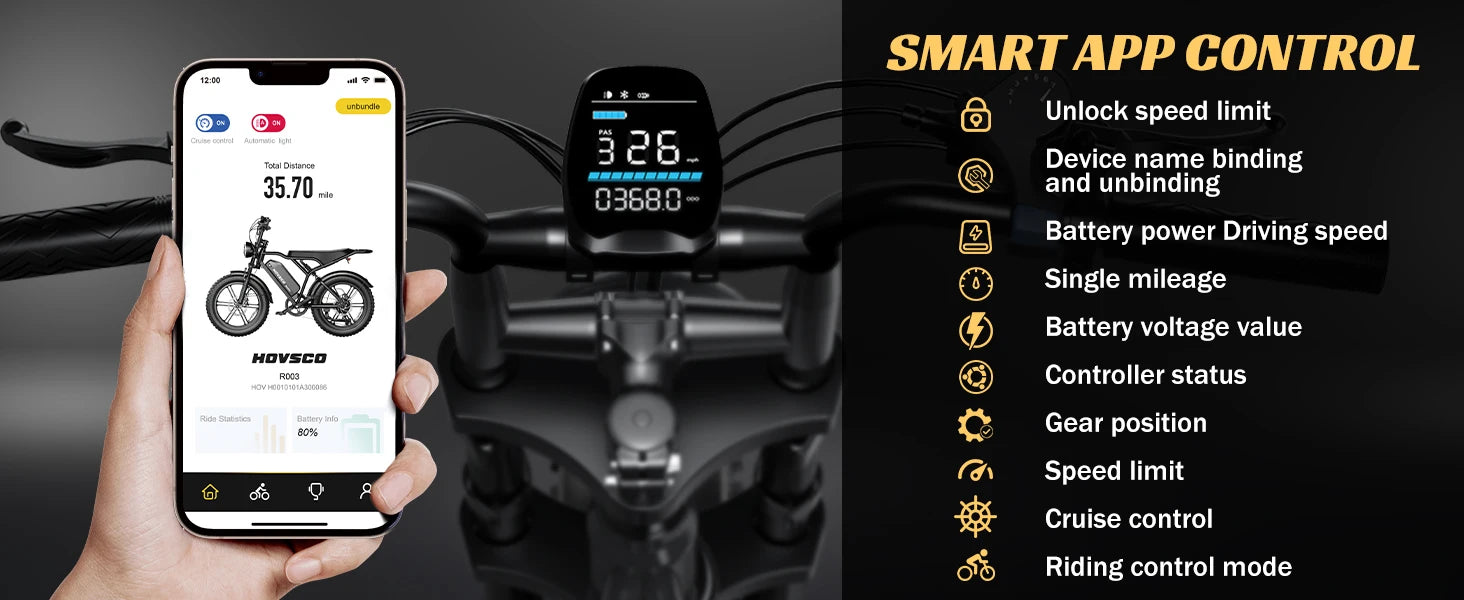 HOVSCO R003 1500W electric bike, 20" fat tires, 28MPH, 48V 15Ah battery, all-terrain, for road, sand, mountain, and snow.