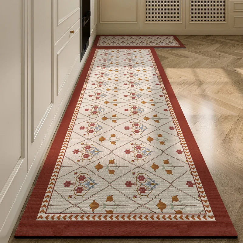 VIKAMA Vintage Crystal Velvet Kitchen Floor Mat, Water-Absorbing, Oil-Absorbing, Anti-Slip, No-Clean L-Shaped Carpet, Home Decor