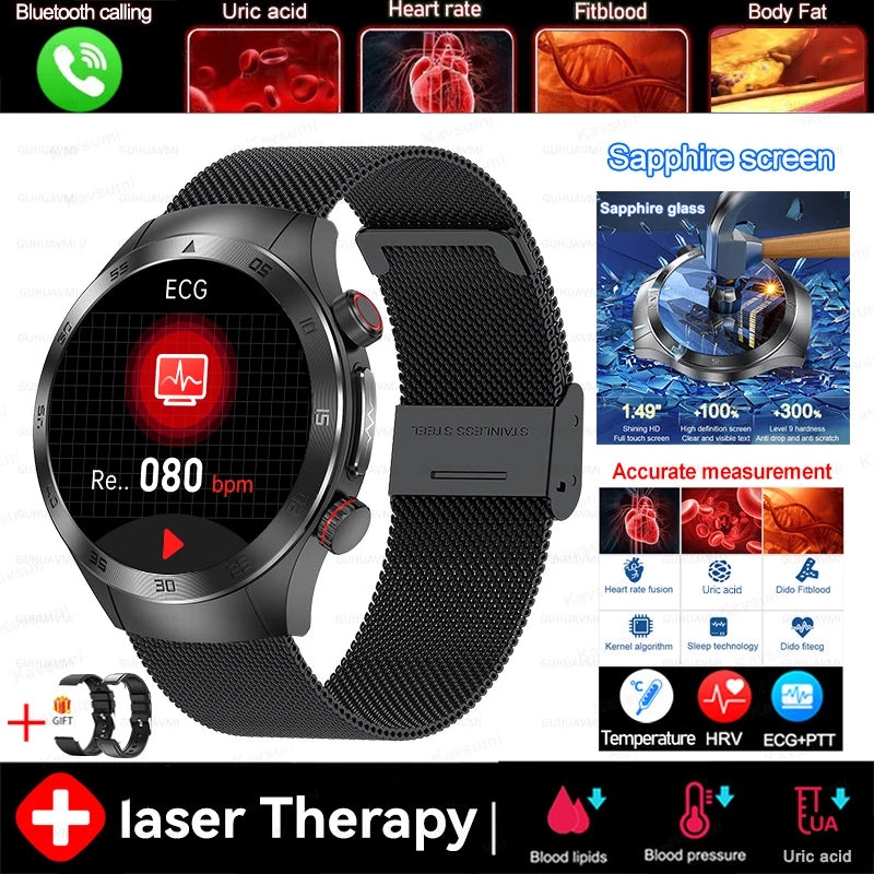 2026New Precise Laser Therapy Bracelet Health ECG+PPG Smart Watch Blood Pressure Blood Lipid Uric Acid BT HD Call SmartWatch Men