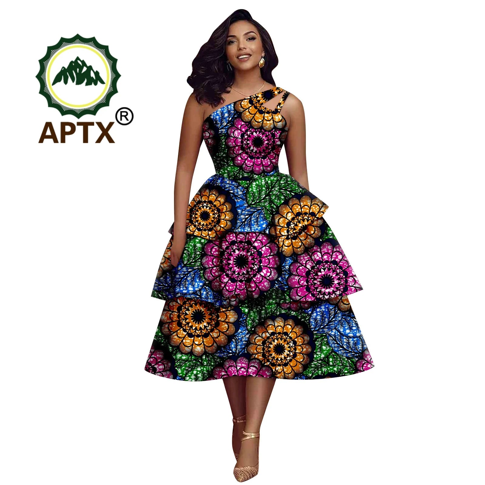 African Dress for Women Ankara Print Skew Collar Sleeveless Mid-Calf Cascading Dress Dashiki Elegant fashion Casual Party Dress