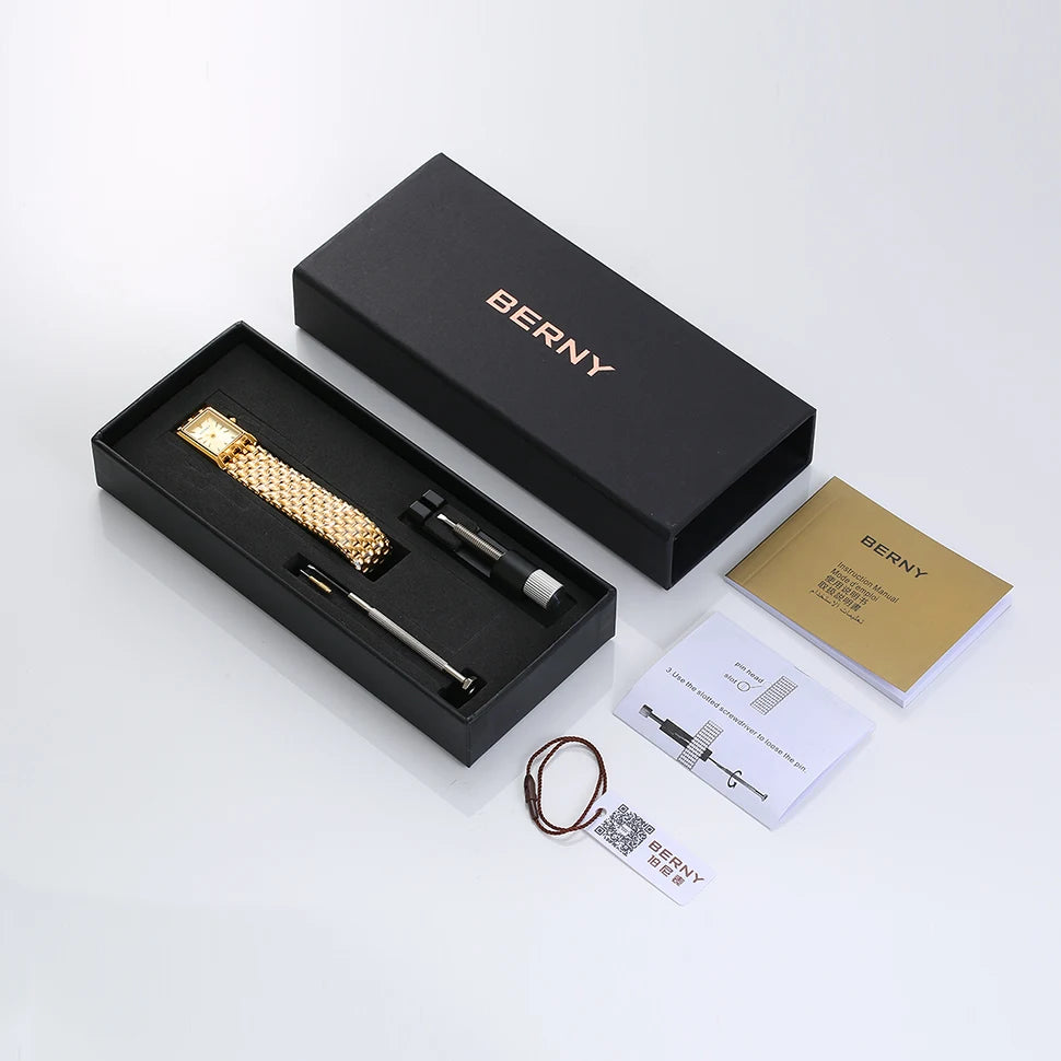 BERNY Gold Watch for Women Square Ladies Quartz Wristwatches Stainless Steel Women Small Gold Watch Luxury Casual Fashion Watch
