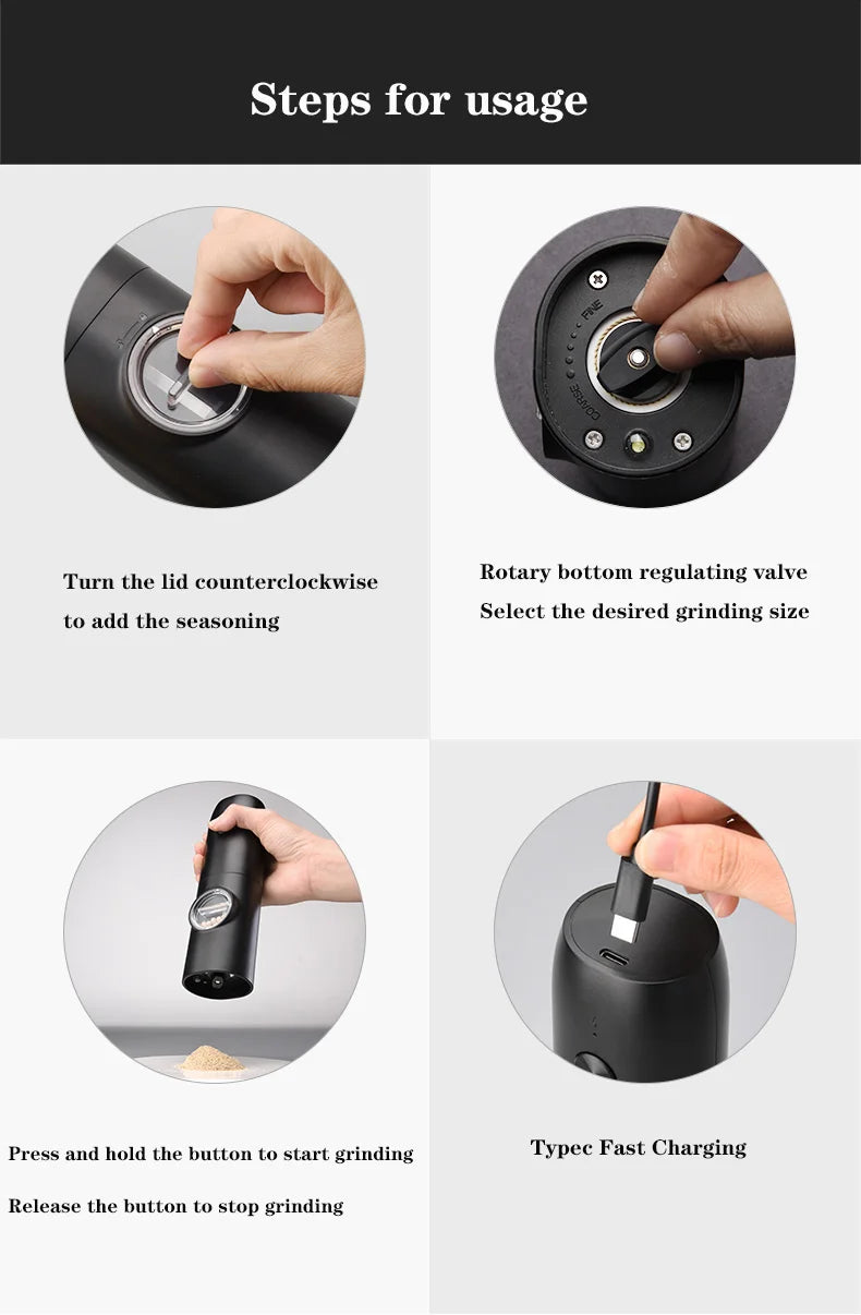 Electric Automatic Salt And Pepper Grinder Set Rechargeable With USB Gravity Spice Mill Adjustable Spices Grinder With LED Light