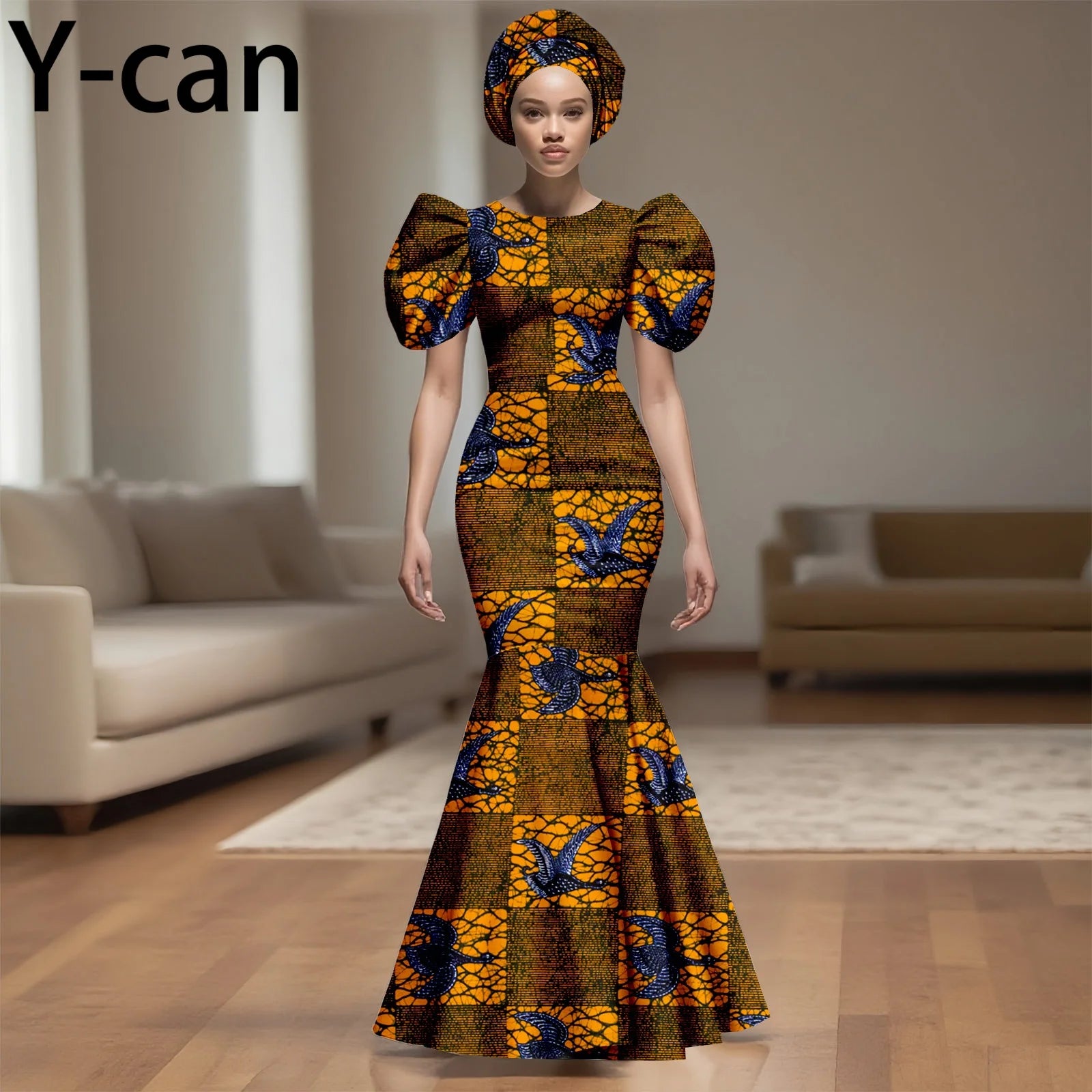 African Party Dress for Women Puff Sleeve O-neck Slim Fit Mermaid Dresses with Headwrap for Birthday Evening Wedding 2525142