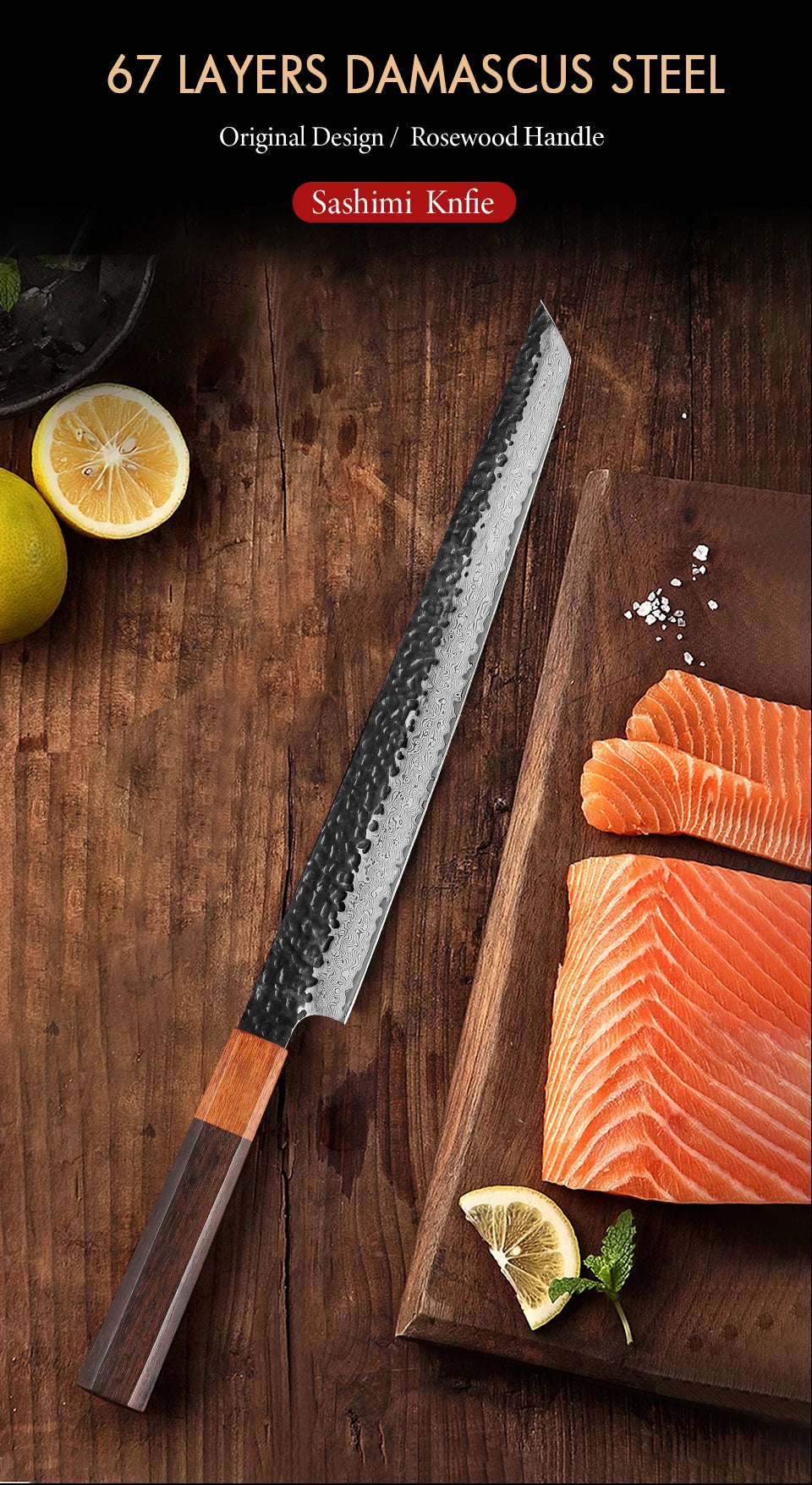 TURWHO 10.5 Inch Professional Sashimi Knife Japan 67 Layer Damascus Chef's Knife Super Sharp Cutting Sushi Salmon Kitchen Knives