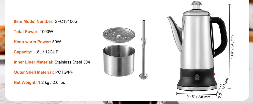 SucceBuy 12-Cup Electric Percolator Coffee Pot 304 Stainless Steel Coffee Percolator with Keep Warm Function