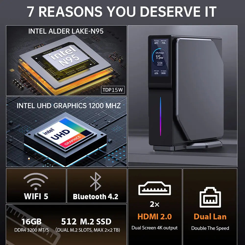 Intel Alder Lake-N150 Gaming Mini Pc with LCD Screen16GB DDR4 512GB M.2 SSD Vertical Mini Computer mini PC for Home Office
