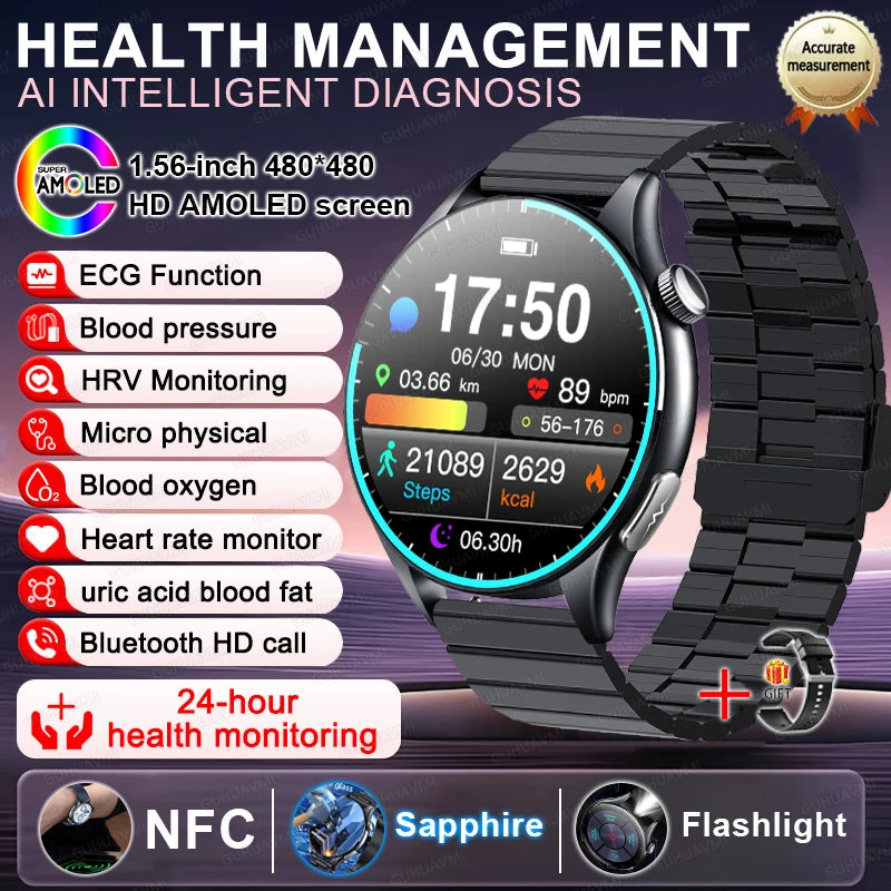 2025New Health Monitoring Uric Acid Blood Pressure Blood oxygen Body Analysis Smart Watch ECG+PPG Clock Smartwatches Men For IOS