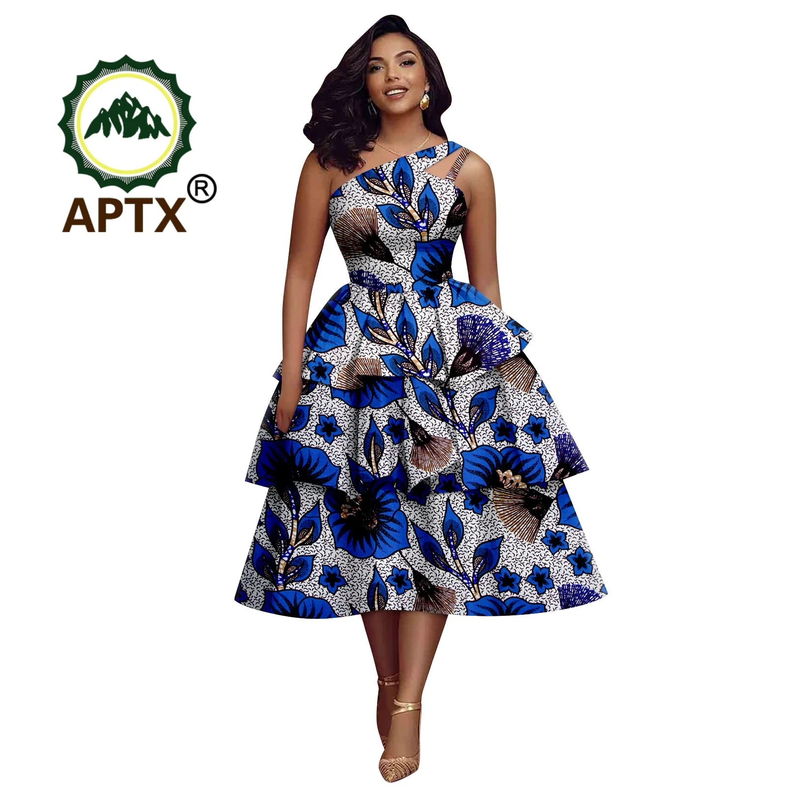 African Dress for Women Ankara Print Skew Collar Sleeveless Mid-Calf Cascading Dress Dashiki Elegant fashion Casual Party Dress