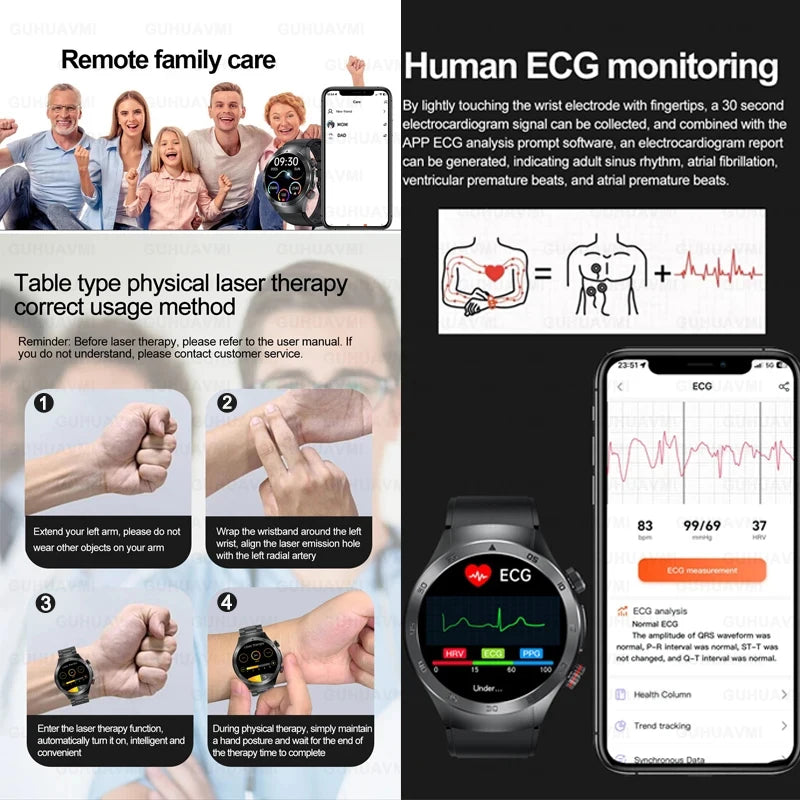 2026New Precise Laser Therapy Bracelet Health ECG+PPG Smart Watch Blood Pressure Blood Lipid Uric Acid BT HD Call SmartWatch Men