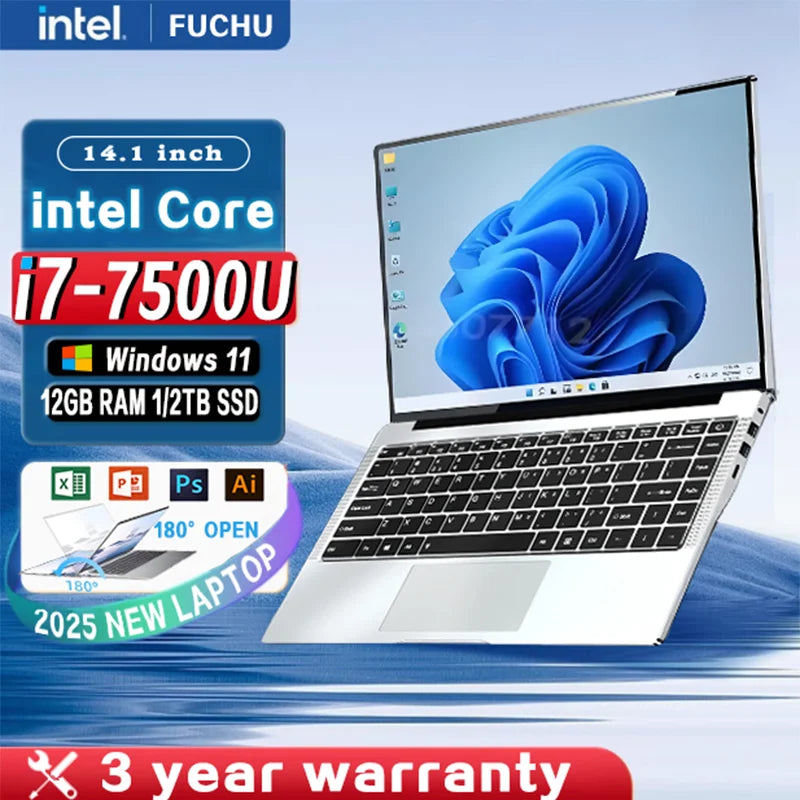 2025NEW Laptop  Windows 11 Notebook computer14.1" Intel Core i7 7500U 12GB RAM 512GB/1TB SSD 1920*1080P Office Study PC computer