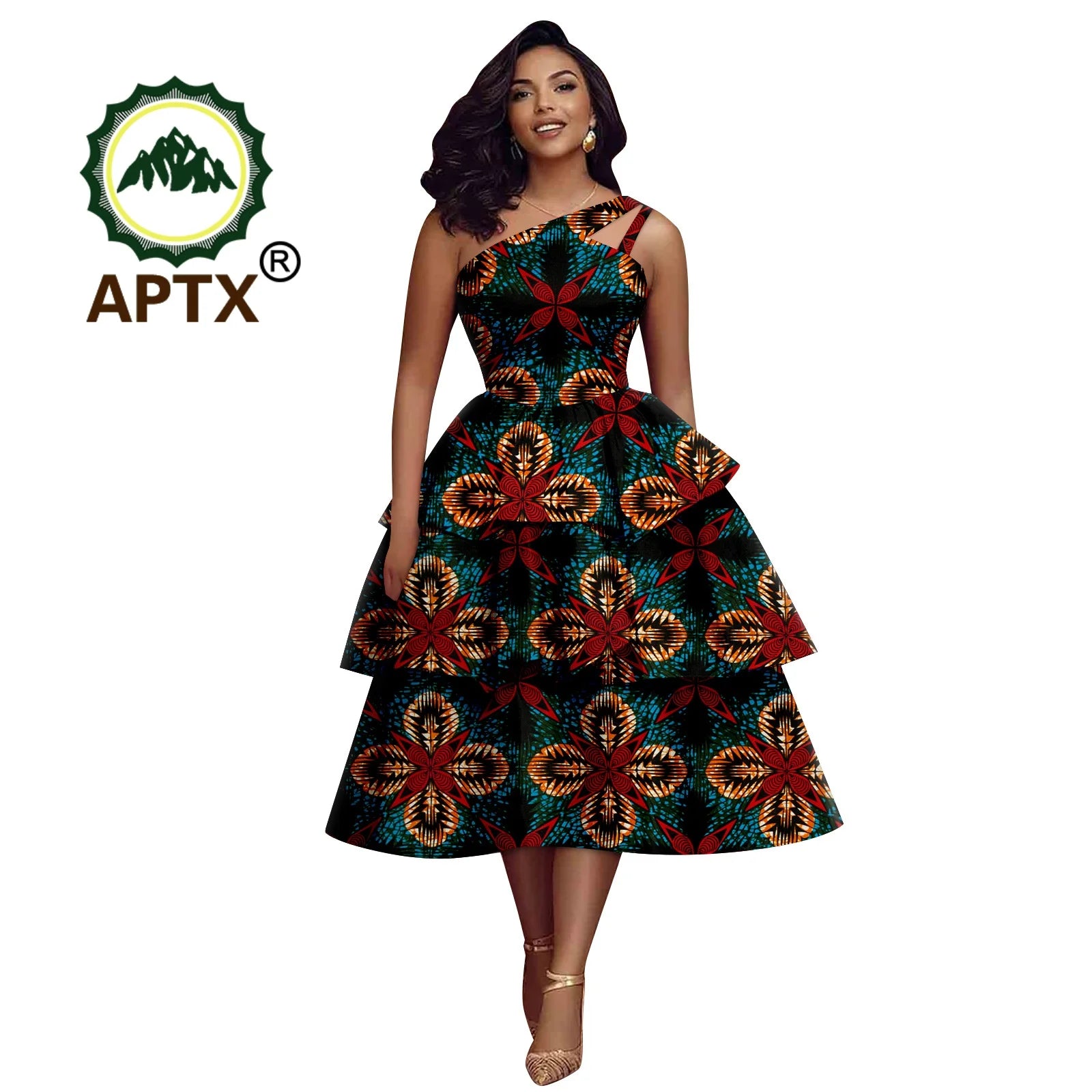 African Dress for Women Ankara Print Skew Collar Sleeveless Mid-Calf Cascading Dress Dashiki Elegant fashion Casual Party Dress