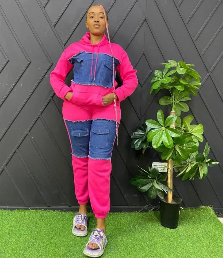 2 Piece Women Set Dashiki African Clothes Spring Autumn New Fashion Long Sleeve Denim Top And Pants Suit Party Matching Sets