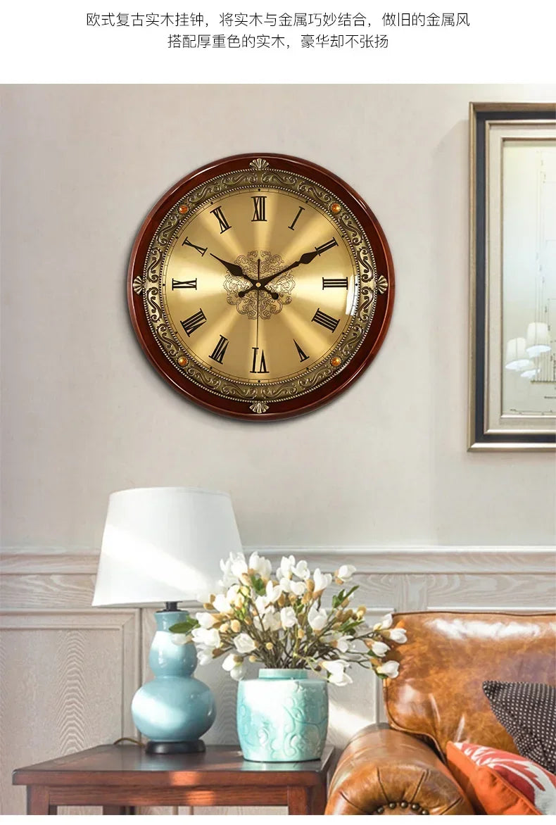 Luxury Wood Wall Clock Metal Retro Nordic American Style Gold Silent Wall Clocks Bedroom Shabby Chic Living Room Horloge Gift