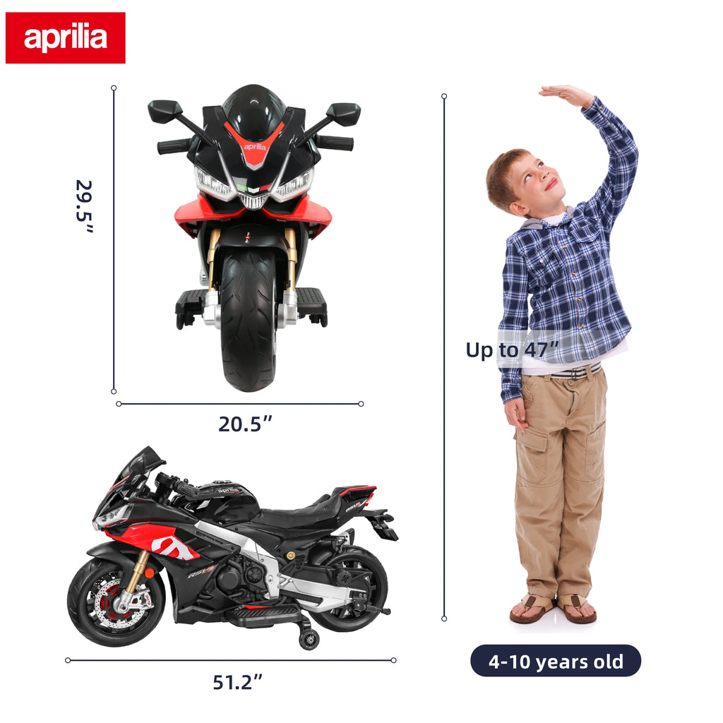 24V Kids Motorcycle Electric Motorbike Aprilia Licensed Ride on Toy w/LED Lights Bluetooth Music Battery Powered 10MPH