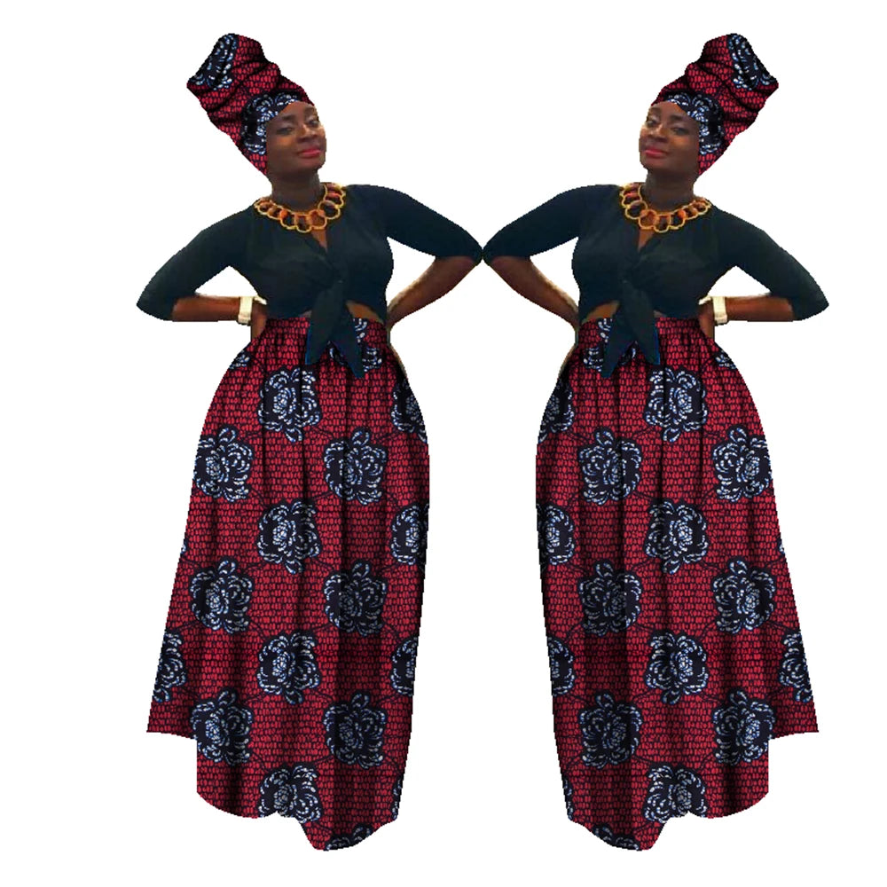Dashiki African High Waist Ball Grown Skirt Bazin Riche African Skirt and African Headscarf 2 Pieces Lady Maxi Long Skirt WY1270