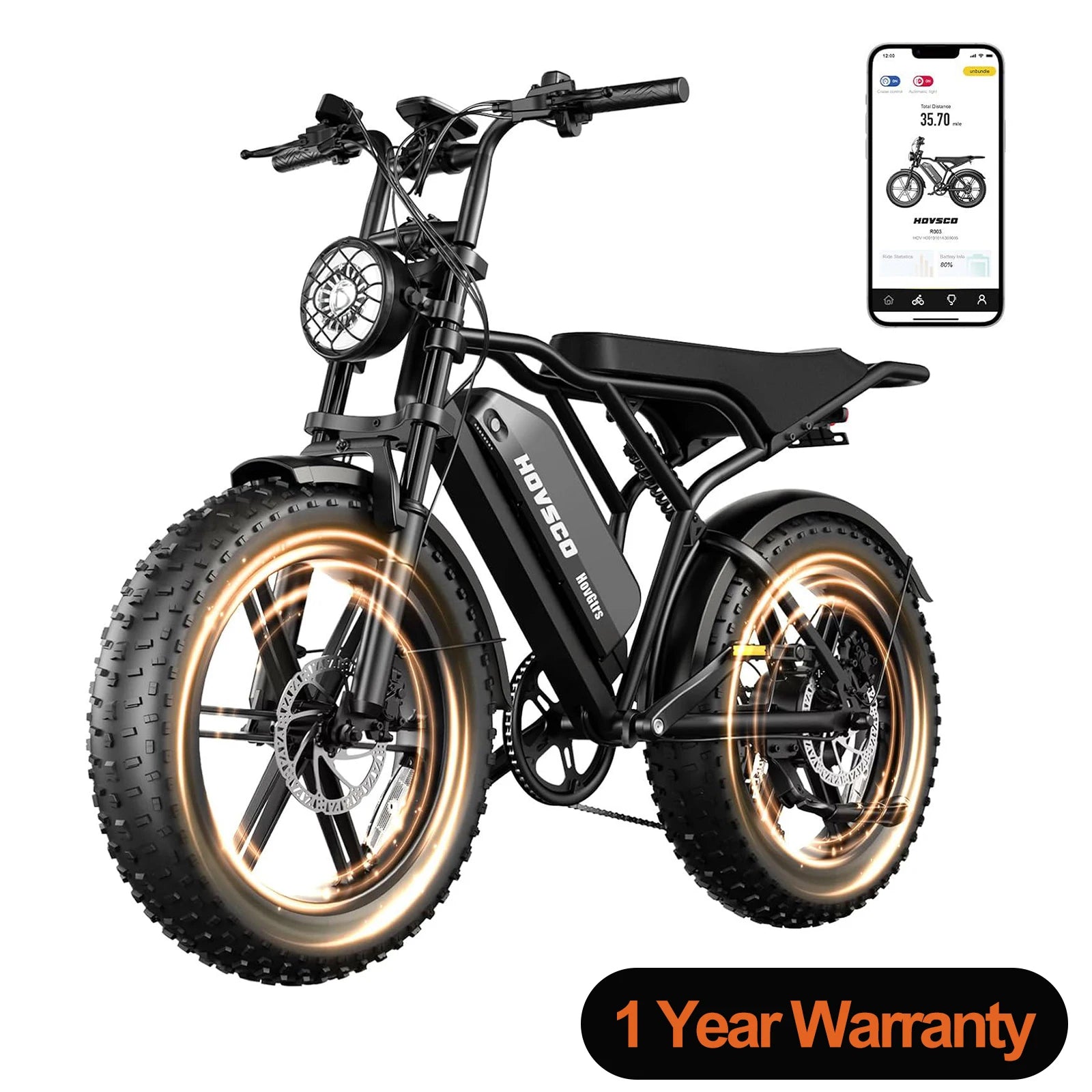 HOVSCO R003 1500W electric bike, 20" fat tires, 28MPH, 48V 15Ah battery, all-terrain, for road, sand, mountain, and snow.